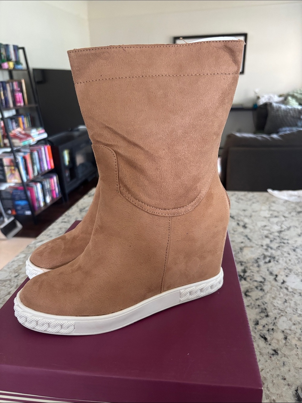 Women’s Tan Faux Suede Bamboo Sneaker Style Wedge Boots